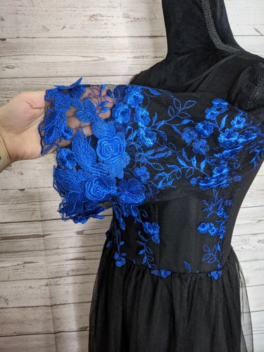 Floral Silk Blend Embroidered Bell Sleeve Maxi Dress Black Blue Tulle *READ DESC - Picture 5 of 11