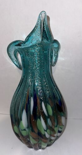 Vintage Krosno mundgeblasenes Glas Jack in Kanzel Glitzer türkis blau-grün große 13" Vase - Bild 4 von 15
