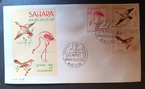 SPANISH SAHARA 1967 STAMP DAY BIRDS SET SFC CACHET FDC VF UNADDR