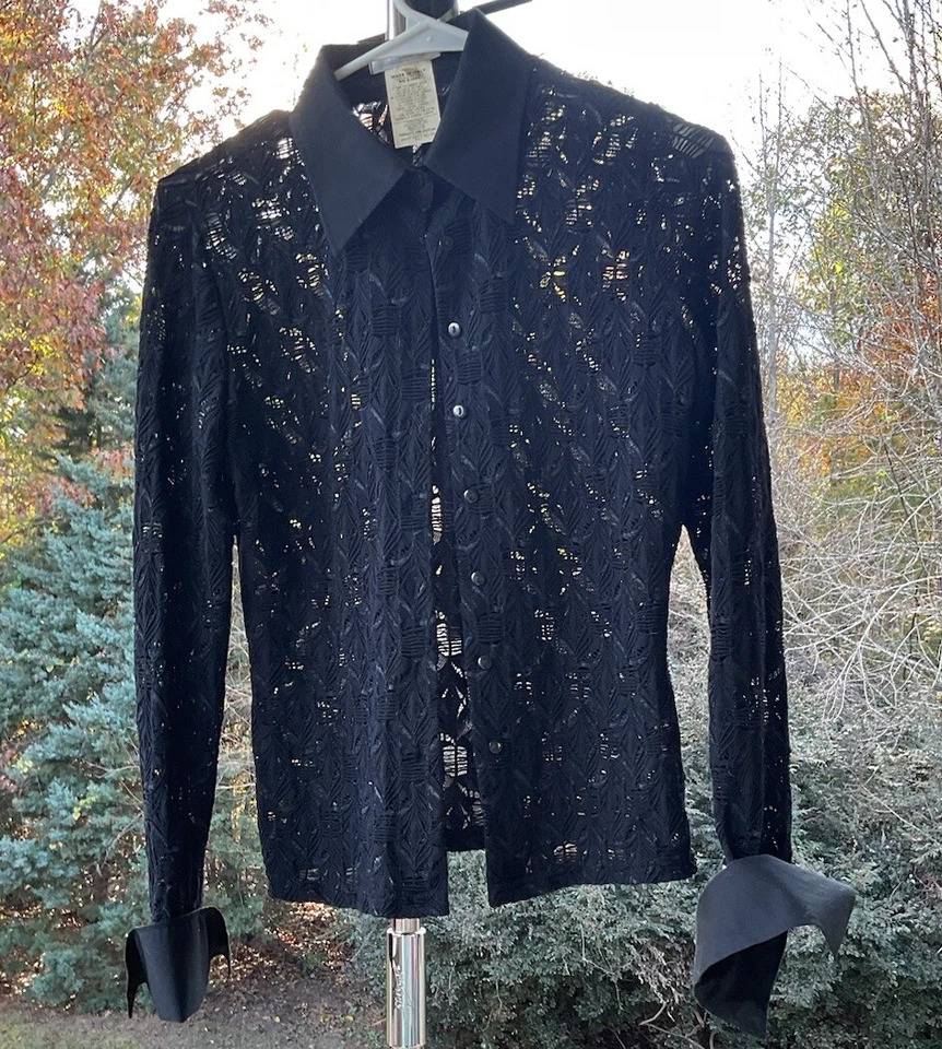 Blusa Cárdigan Mujer Mediana Naracamicie Hecha en Italia Negra Encaje Ojales Botón