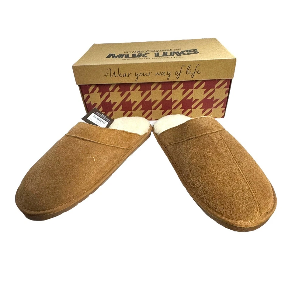 Chinelos masculinos Muk Luks camelo tamanho 12 Sherpa forrado nova caixa etiqueta presente - Imagem 4 de 4