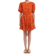 RHODE Molly Lace Up Back Dress Printed Puff Sleeve Bohemian Orange Flared New XS