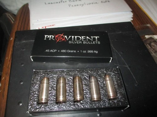 5 ONE OUNCE .999 FINE SILVER  .45 CALIBER ACP SILVER BULLETS PROVIDENT 1 OZ EACH