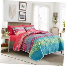 3 Pieces Colorful Bohemian Quilt Set Full Queen Size, Boho Striped Pink n Teal