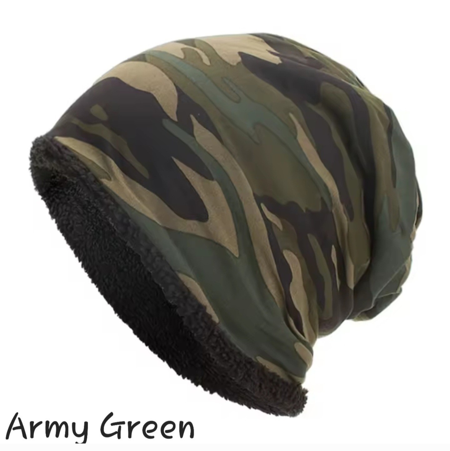 Green Camouflage Knitted Beanie Fully Lined Double-Layered Warm Knit Slouchy Hat