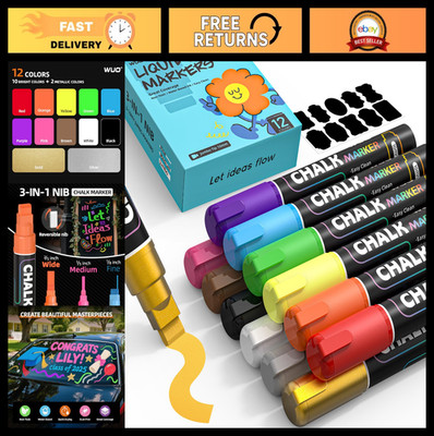 12 Colors Liquid Chalk Pens - 10mm Jumbo Wide Nib, Dust-Free, Non-Toxic, Erasabl