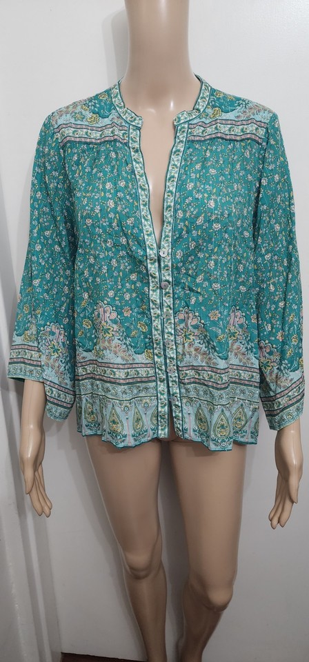 ARNHEM CLOTHING Fleetwood Blouse Greenfields Turquoise Boho Floral Top Size 14 
