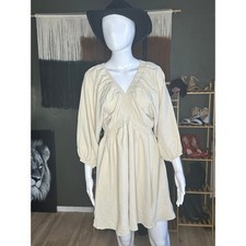 Boho V Neck Mini Dress Elastic Waist 3/4 Sleeve Flowy Casual