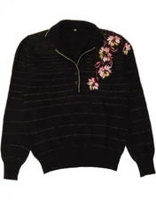 VINTAGE Womens Polo Neck Jumper Sweater IT 48 XL Black Floral Angora AT15
