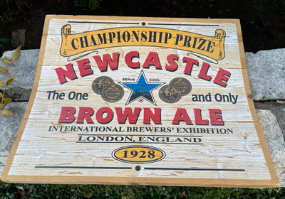 New Castle Brown Ale Curved Wood Barrel Side Sign Championship Prize 19'' x 16''