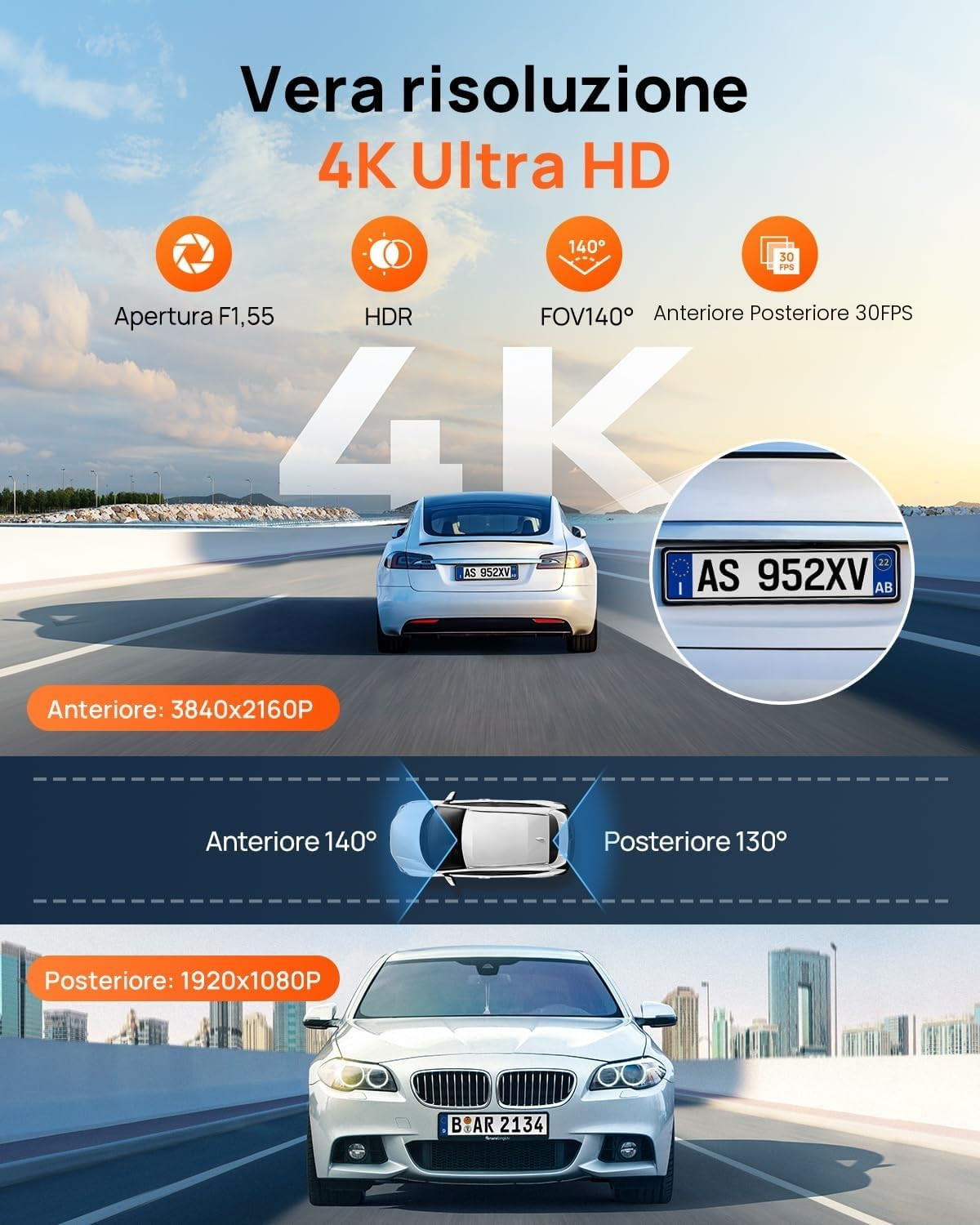 Dashcam 4k+1080p GPS WIFI Doppia Telecamera Auto Fronte/retro con Sd 128 - Miniatura 2
