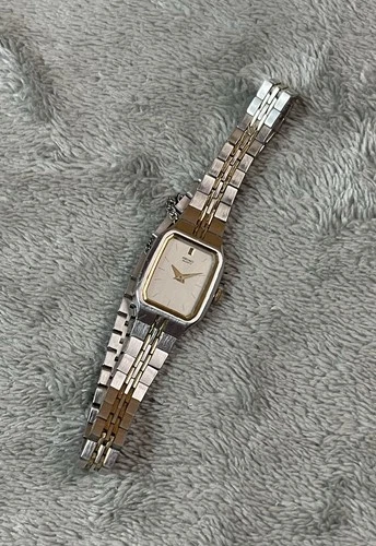 Seiko Watch Women 17mm Silver Dial Two Tone Rectangle 2Y00-5279 (Needs Battery)