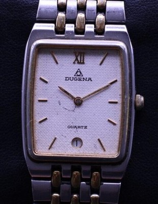 DUGENA QUARTZ MEN'S TANK WRIST WATCH TWO TONE HAS PULSE FOR REPAIR (CI)