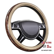 CAR PASS Wood Grain 14.5-15 inch Microfiber Leather Steering Wheel Cover, beige