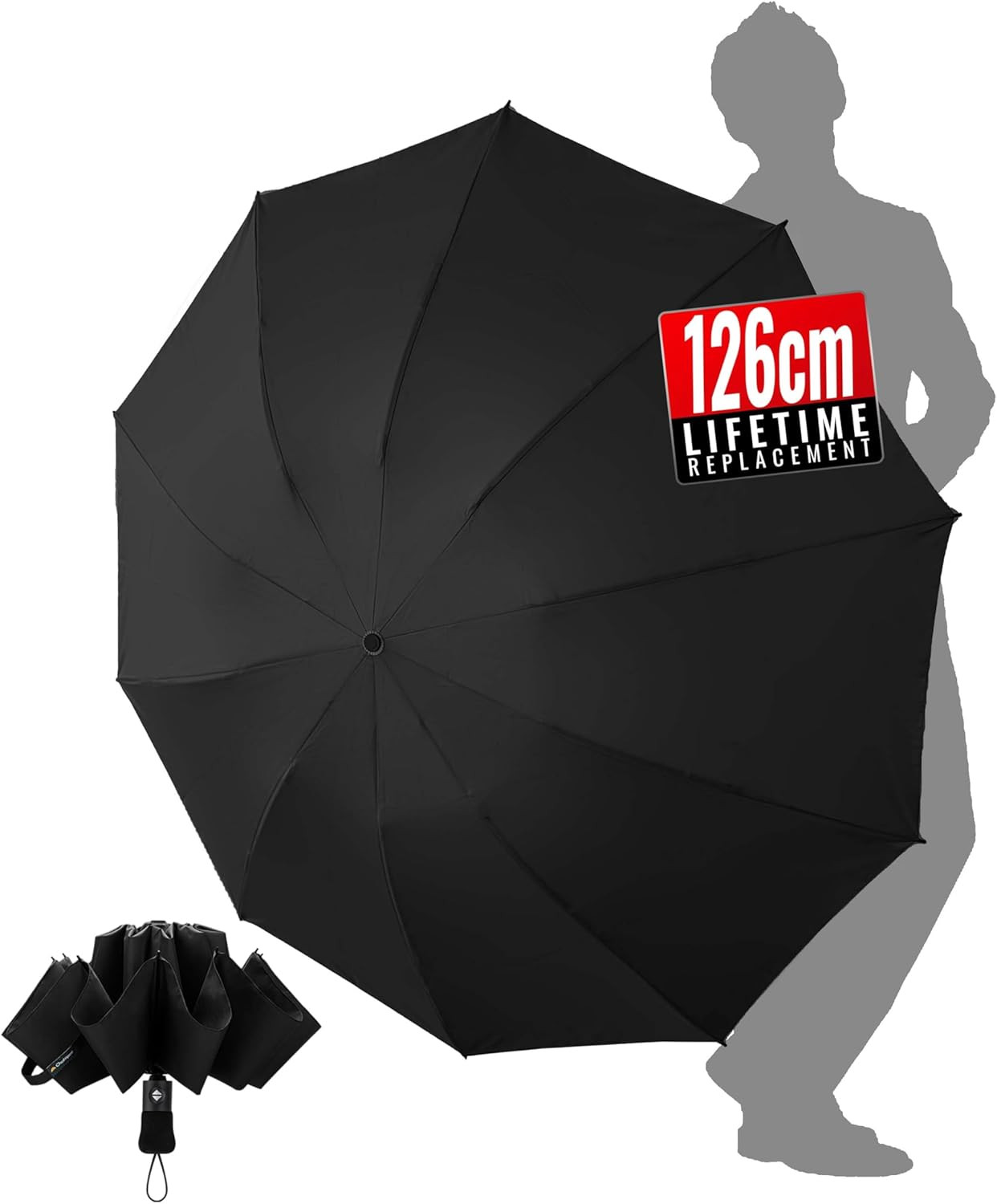 Travel Windproof Strong Compact Umbrella - 10 Ribs Black Portable Umbrella for M