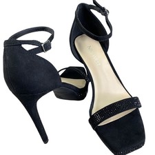 Nine West Suede Platform High Heels Ankle Strap Sandals  Rhinestone 6M Black
