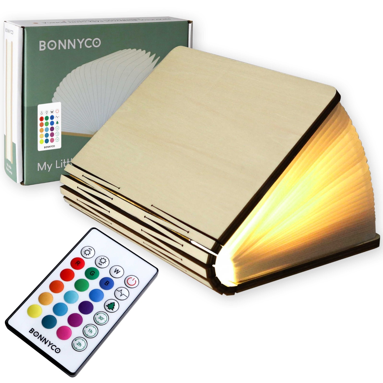 Lampara Libro Plegable de Madera con Mando, 16 Colores y Temporizador – BONNYCO