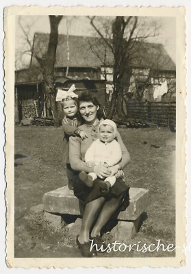 Mother with Two Children in Front of Farmhouse - Vintage Photo 1930s