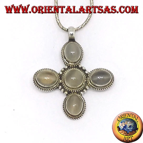 Pendentif en Argent 925‰ Croix Avec Cinq Belles Pierres De Lune (Pierre de Lune) - Photo 1/1