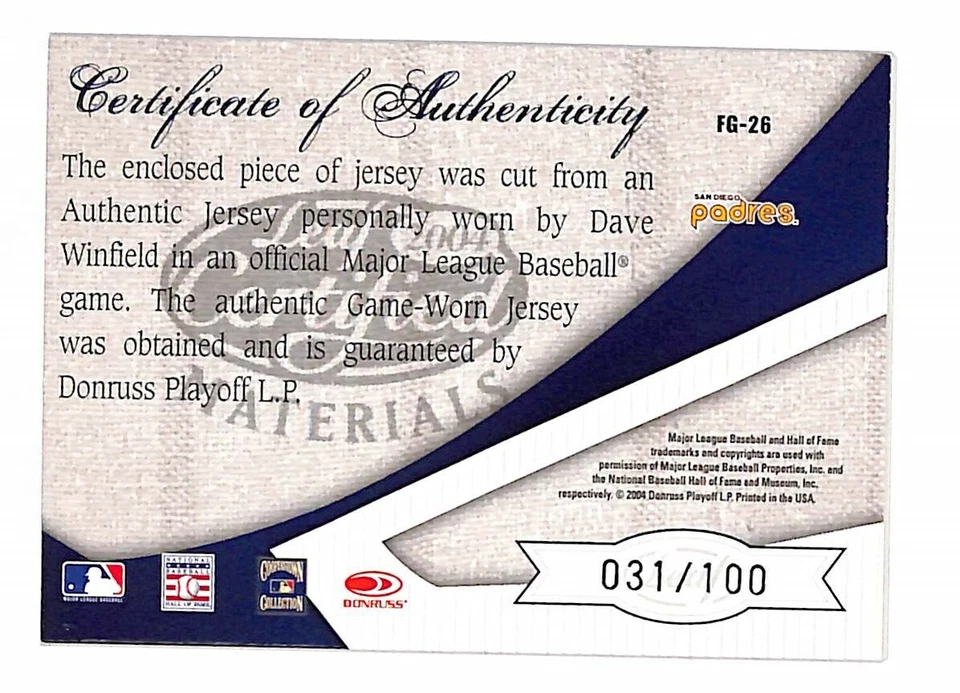 Dave Winfield 2004 Leaf Certified Fabric Game #FG-26 Jersey /100 Padres 77743 - Image 2 of 2
