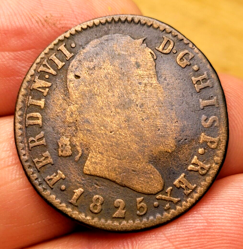 1825 Spanish 8 Maravedis King Ferdinand VII Copper Coin