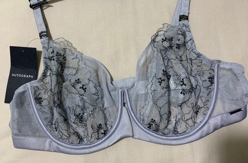M&S AUTOGRAPH LUXURY SWISS FLORAL EMBROIDERY NON PADDED BALCONY BRA SILVER 32A - Picture 7 of 12