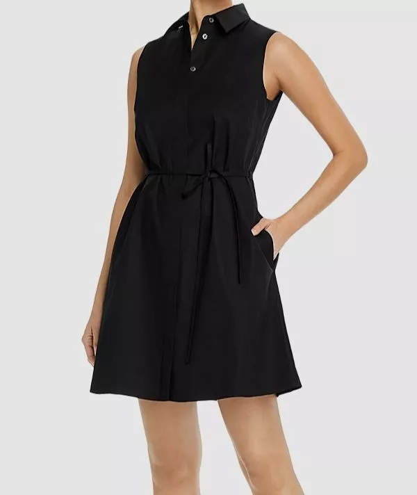 249 Theory Women s Black Collared Sleeveless Belted A Line Shirt