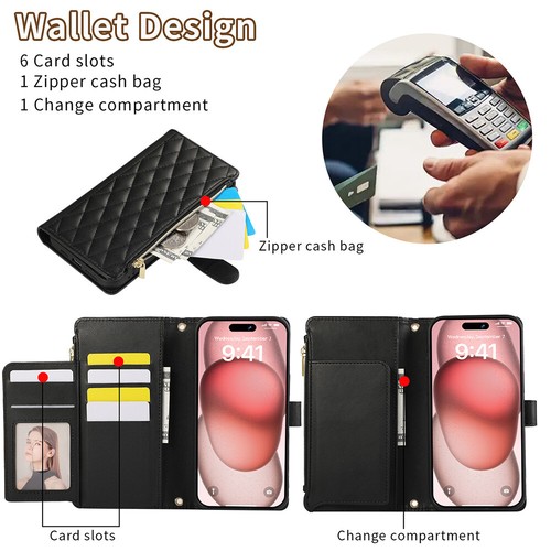 Leather Zipper Women Card Flip Wallet Phone Case Cover For iPhone 16 Pro Max 15 - Picture 22 of 77