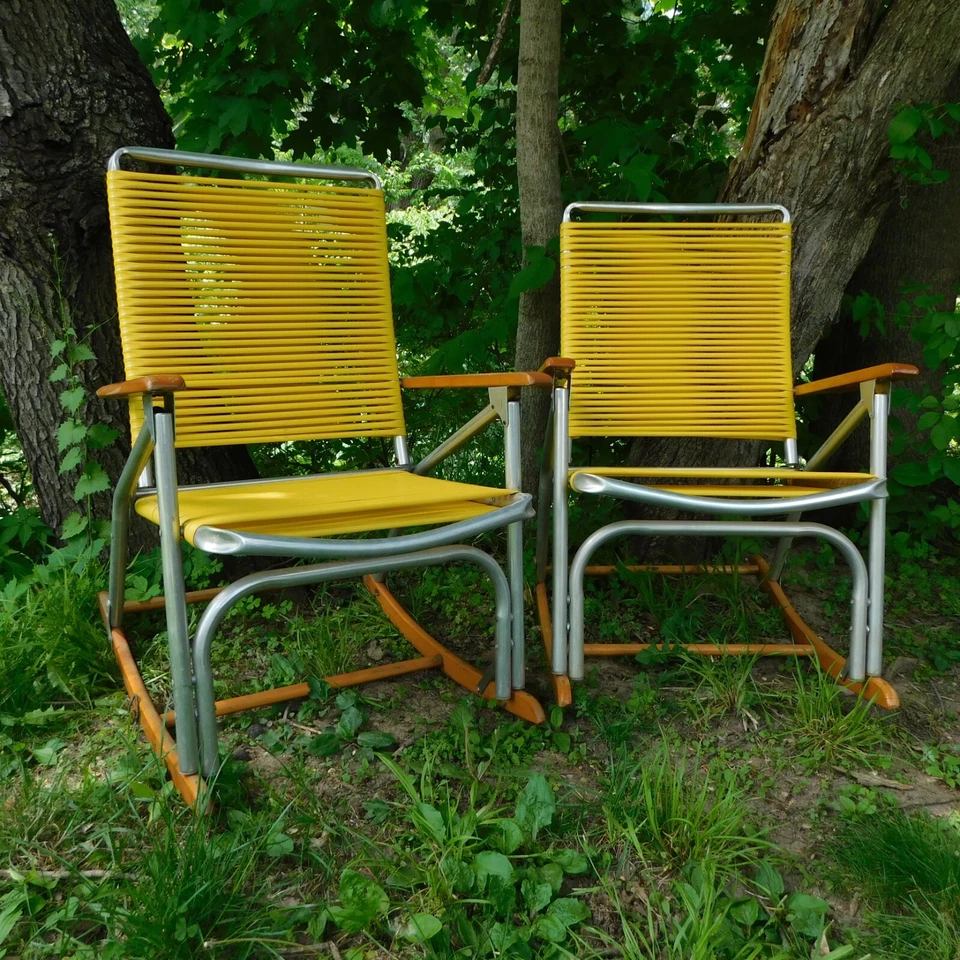 Pair of Telescope Vinyl Tubing Aluminum Wood Arms Lawn Rocking Rocker Chairs VTG - Image 2 of 4