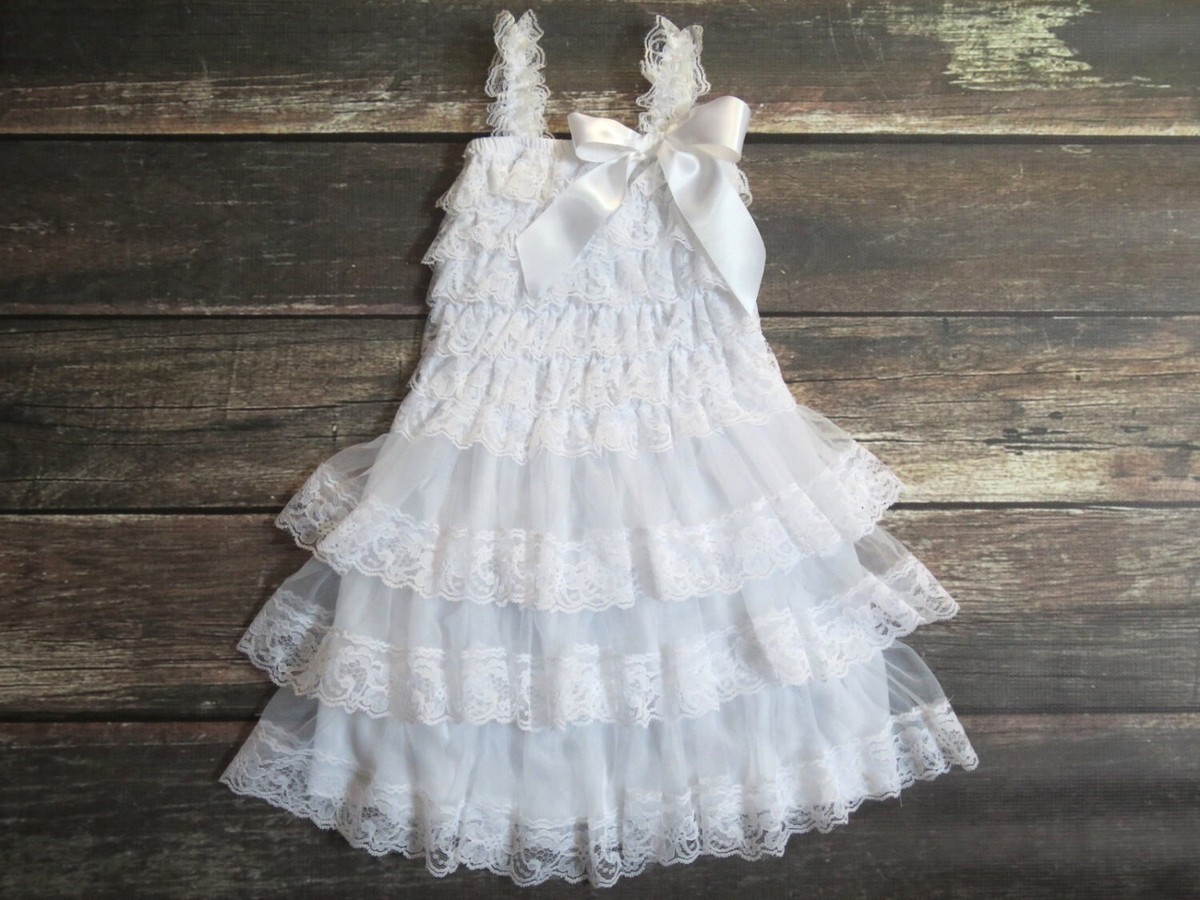 NEW Girls Size 6/7 White Lace Flower Girl Dress, Rustic Country Wedding  Dress | eBay