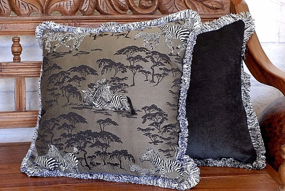 zebra African animal grey black white olive green fringe decorative throw pillow - Image 2 of 4