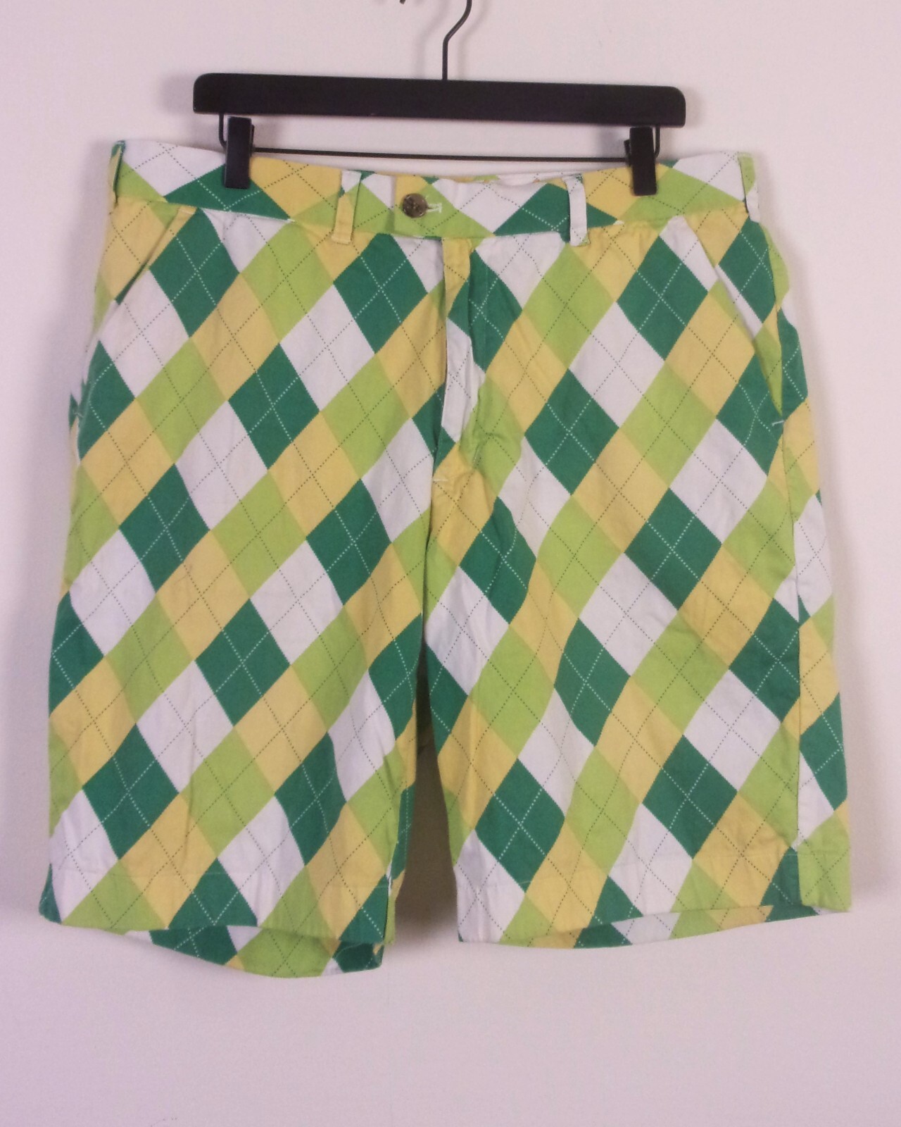 EUC Loudmouth Men's Loud Green/Yellow/White Argyle Golf Shorts Stretch SZ 38