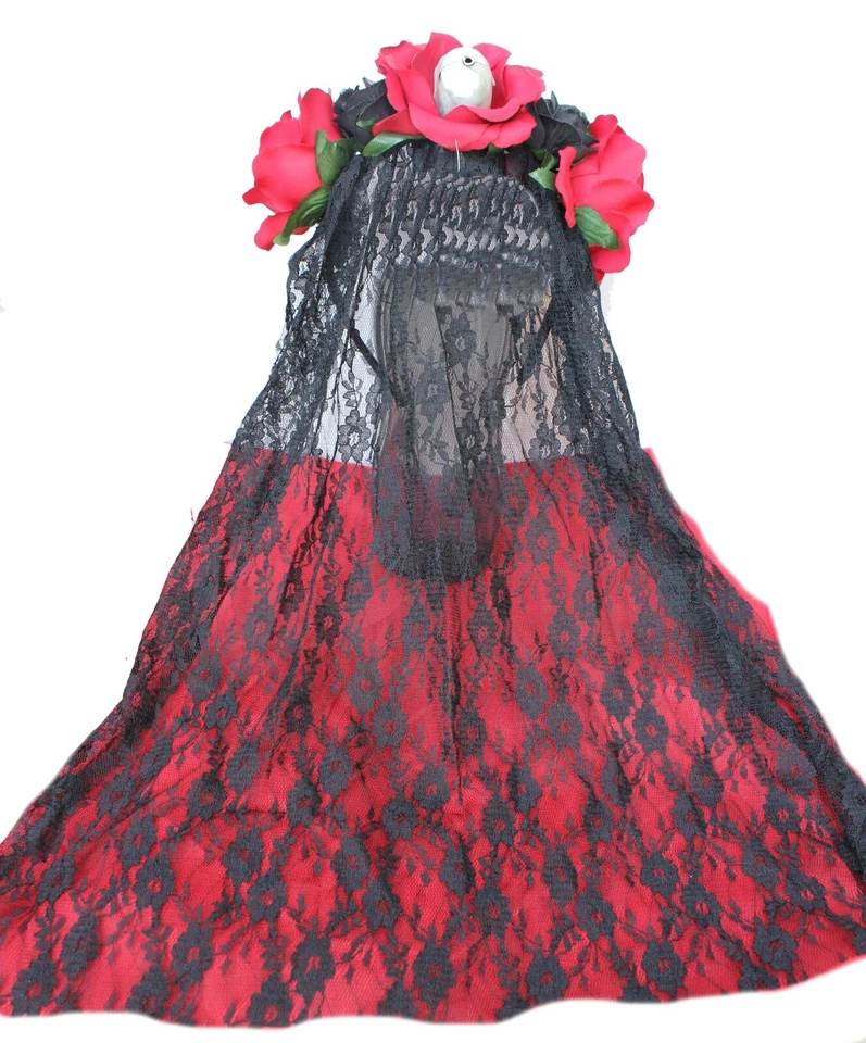 Deluxe Long Veil Black, DOD Dia de los Muertos, Halloween Rose Flower Headband - Image 4 of 4