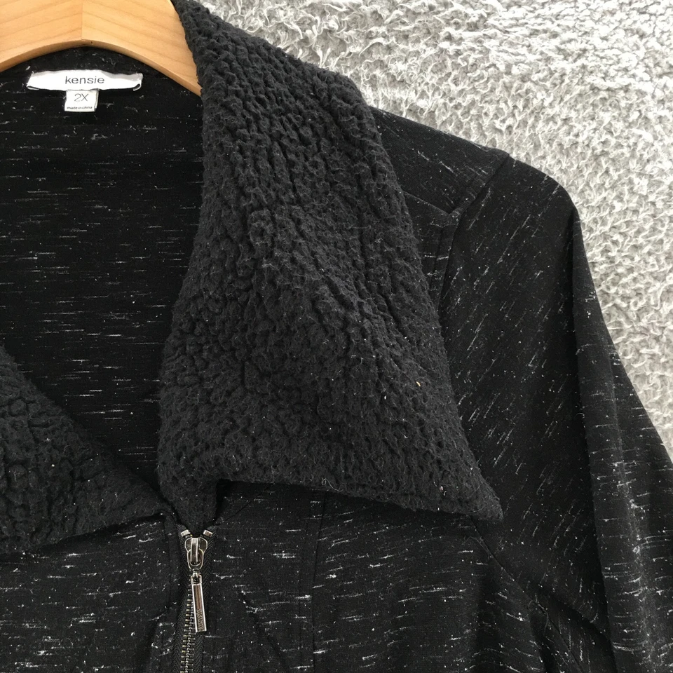 Suéter Kensie Cremallera Completa Para Mujer 2X Negro Imitación Piel de Oveja Cuello Bolsillos Informal Foto 3 de 4