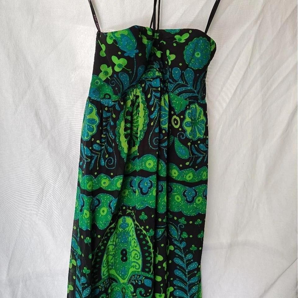 Vestido Betsey Johnson Seda Maxi Halter Paisley Trébol Vestido Mal de Ojo Verde Azul 6 Foto 2 de 4