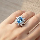 Floral Neon Blue Topaz 4.14Ct 925 Sterling Silver Handmade White Gold Halo Rings