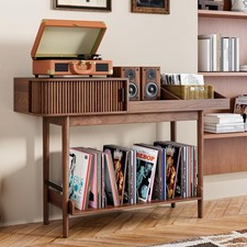 Record Player Stand, Vinyl Record Storage with Fluted Sliding Doors