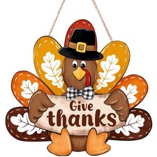 Thanksgiving Give Thanks Turkey Front Door Sign, Fall Wooden Thankful Black