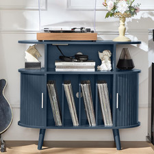 Large round Record Player Stand with Charging Station  Navy Blue Mid Century Mo