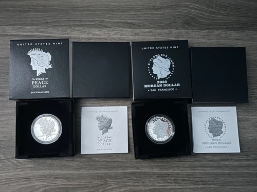 2023 S Peace Dollar PROOF Dollar AND 2023 S Morgan PROOF Dollar 2 coins IN HAND