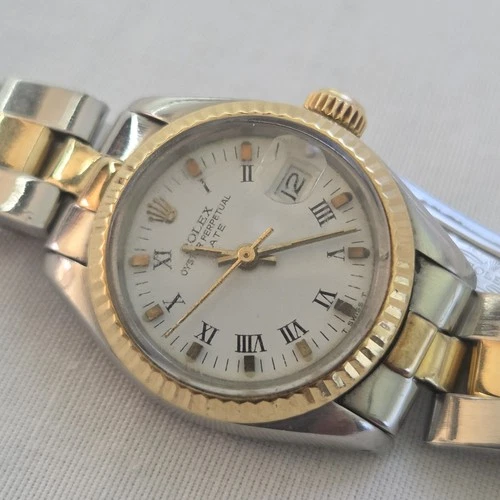 Rolex Ladies Date 26 mm Two Tone White Roman Watch 6916 Vintage Circa 1960