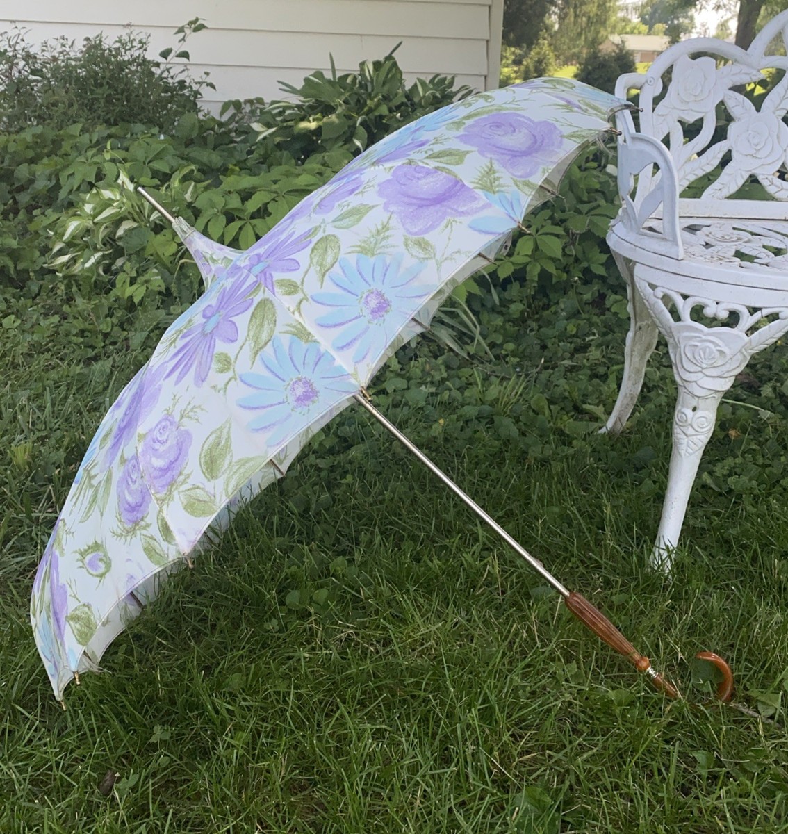 Vintage PK Polan Katz Co. Floral Umbrella Parasol Purple Blue