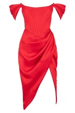 House of CB Red Corset Satin Dress Luxury Off‑Shoulder Evening Look (Small 4-6
