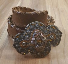 Vintage Brown Leather Belt Size M L Statement Buckle Hippie Boho Festival Y2K