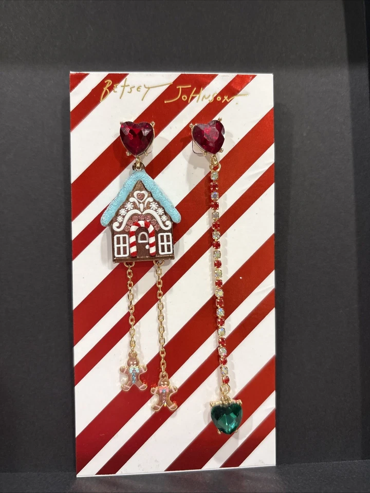 Betsey Johnson Jingle Bell Bling Gingerbread House Mismatch Boy Girl Earrings - Image 2 of 4