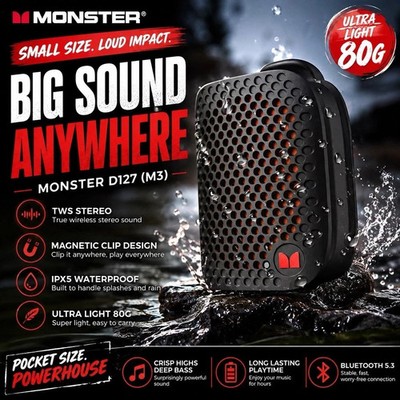 Monster M3 Magnetic Clip On Mini Bluetooth Speaker V5.4 Portable Outdoor Bass