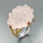 33 ct+ AAA Carving Natural Rose Quartz Ring 925 Sterling Silver Size 8 /R470154
