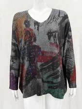 Inoah Top Womens One Size Gray Abstract Artsy Tunic Long Sleeve V-Neck Knit USA