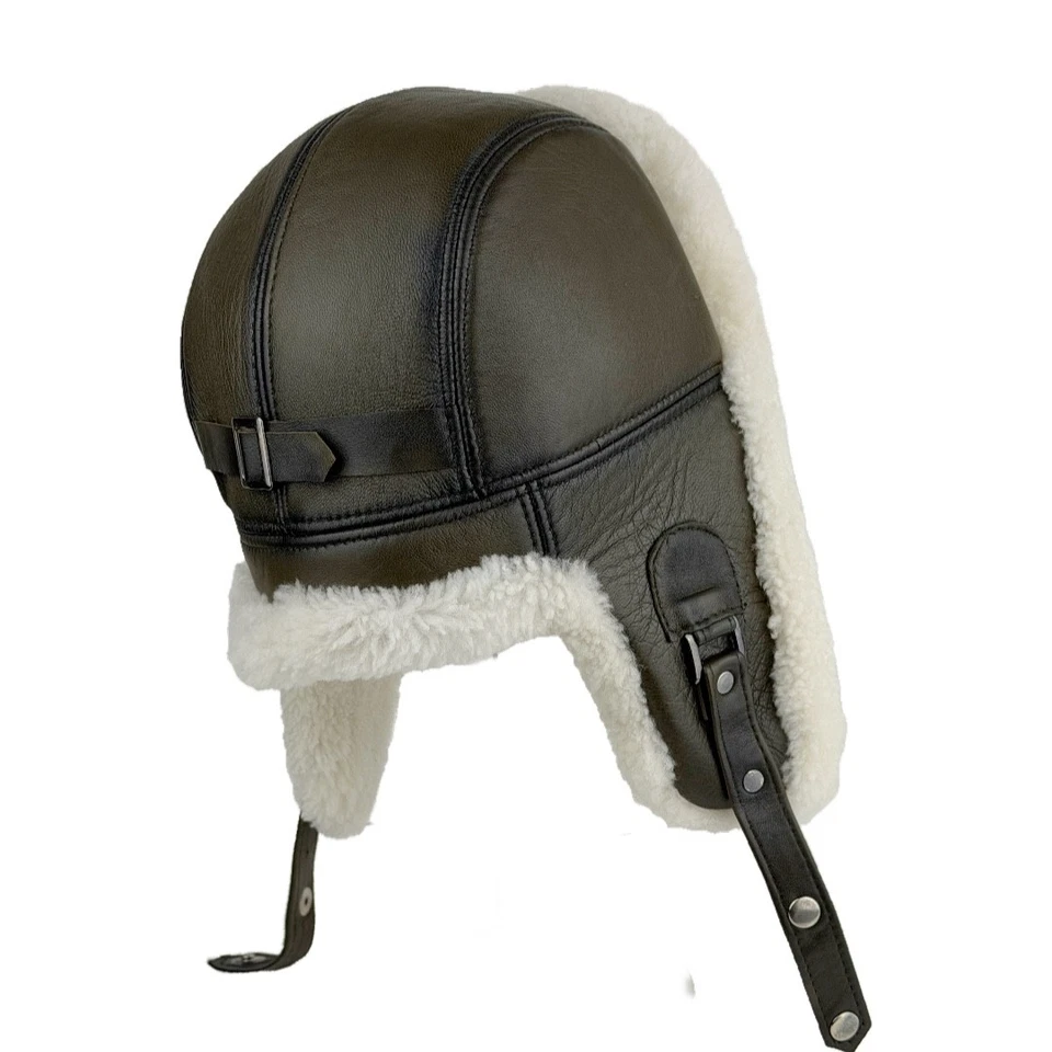 Sombrero de aviador de cuero de oveja real — Hecho a mano cálido sombrero de trampero de invierno Foto 3 de 4