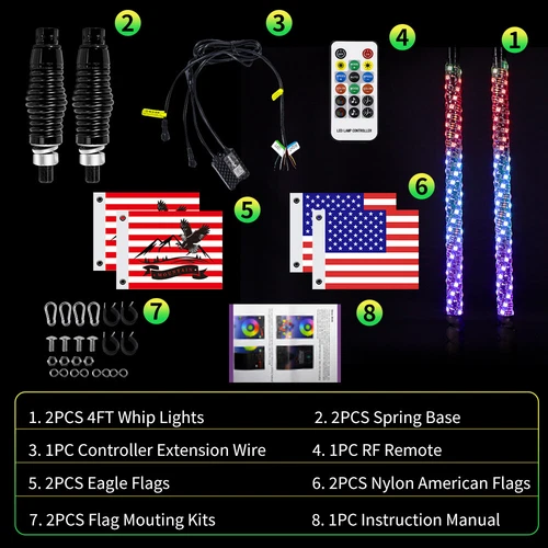 1 Pair 2~4FT RGB Spiral LED Whip Lights Antenna Chase + Flag for ATV RZR UTV 4WD - Picture 4 of 9